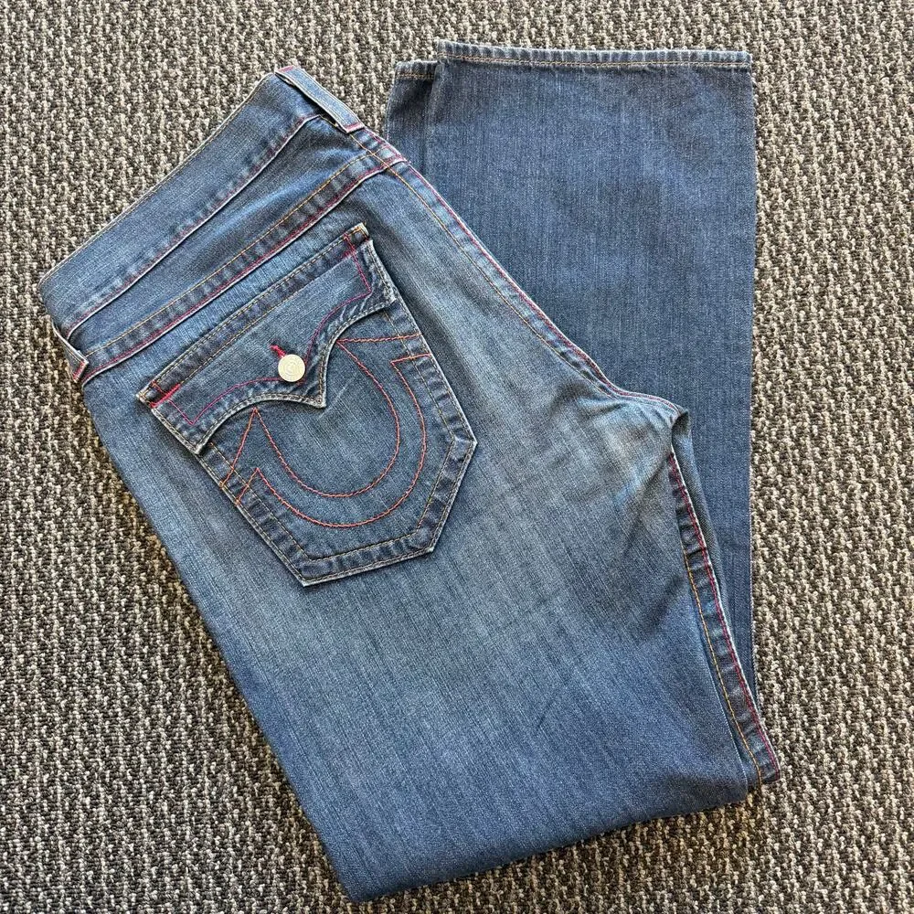 True Religion Straight Cut Denim Jeans Mens Faded Distressed Flap Pocket 40x33